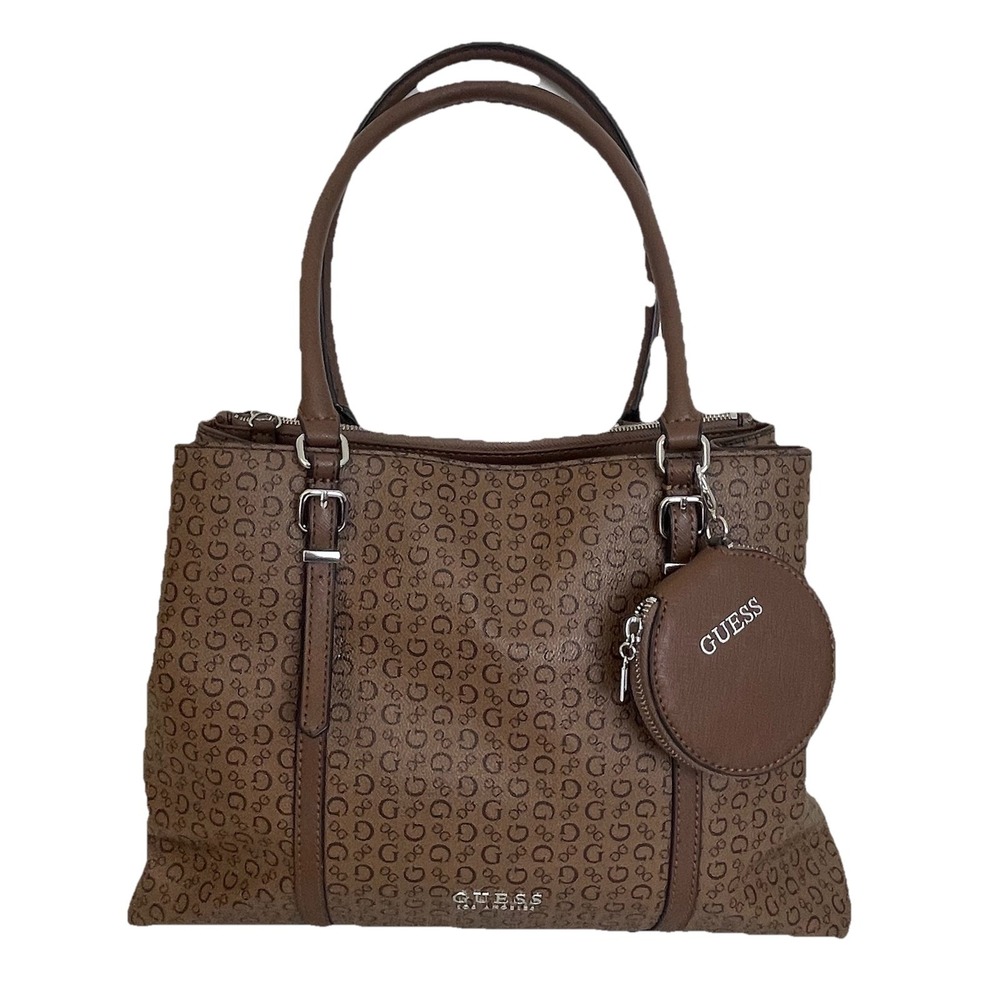 GUESS Women's Logo Tote Bag Handbag Purse + Coin Pouch and strap Natural Brown